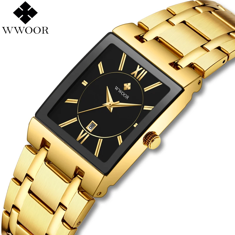 Comprar Relojes WWOOR para hombre de alta marca, reloj de cuarzo analógico cuadrado dorado, reloj de pulsera resistente al agua para hombre, reloj de pulsera dorado para hombre