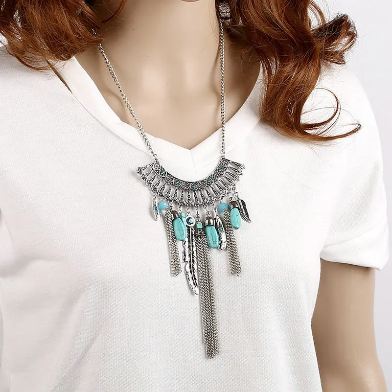 Women Bohemian Hippie Boho Chic Vintage necklace silver chain long