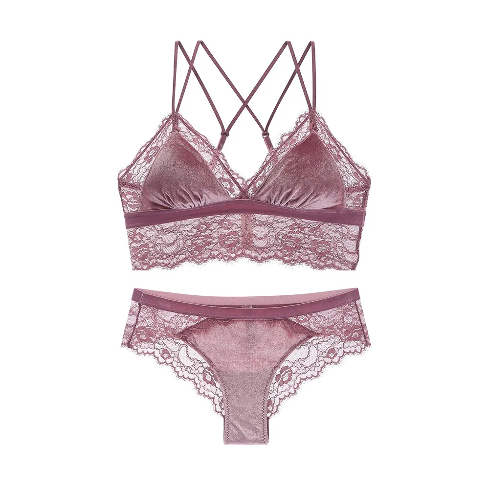 Women Velour Bra Set Body Lace Bralette Padded Inserts Without Buckles