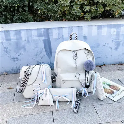 sets beige Цепь USB рюкзак Для женщин Холст 5 шт./компл. Для женщин рюкзак для девочек-подростков рюкзаки сумки через плечо женские школьные сумки с кисточками - Цвет: sets beige