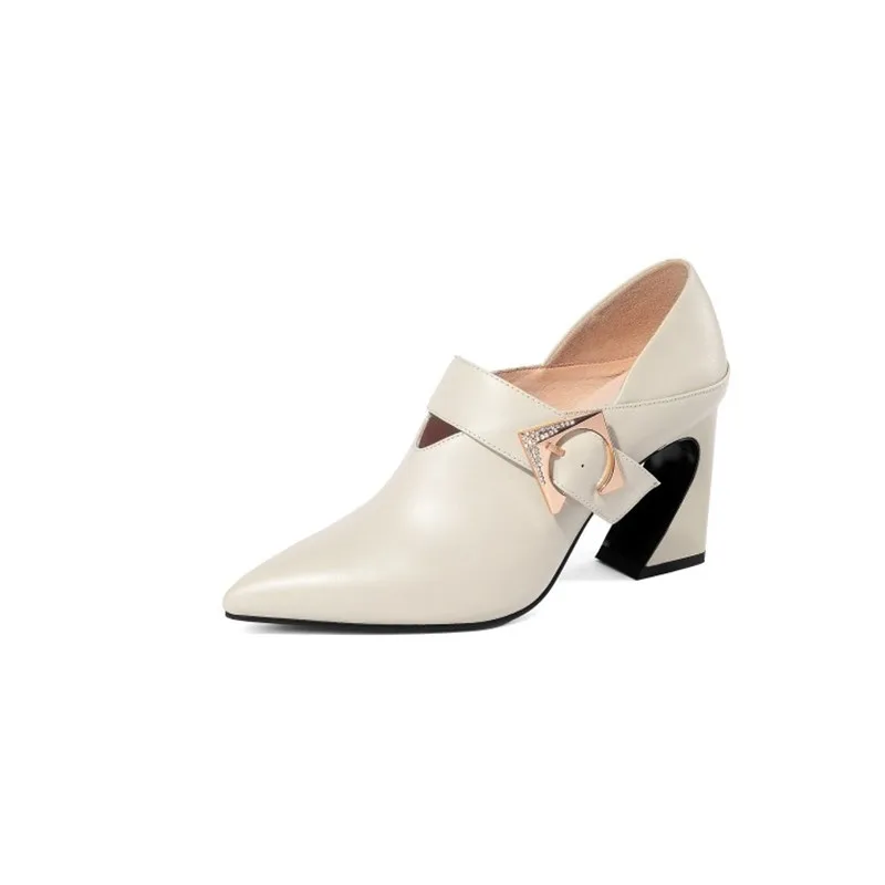 

2019 spring and autumn new deep mouth fashion simple short thick with high heel women's shoes beige 0324