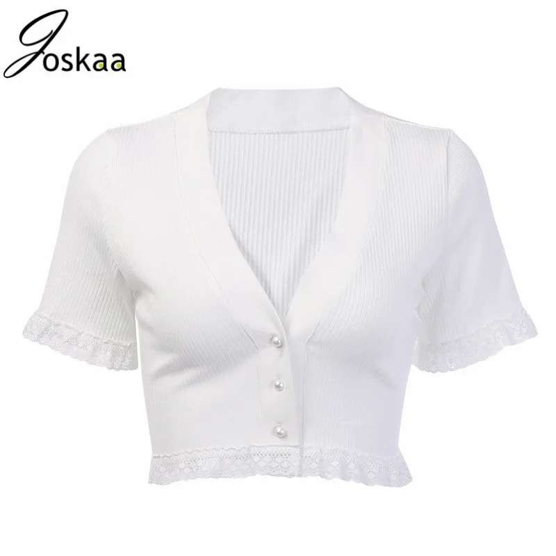 

Knitting V Neck Buttons Ruffles Cropped Tee Tops Women Sexy Casual Shirts 2019 Summer