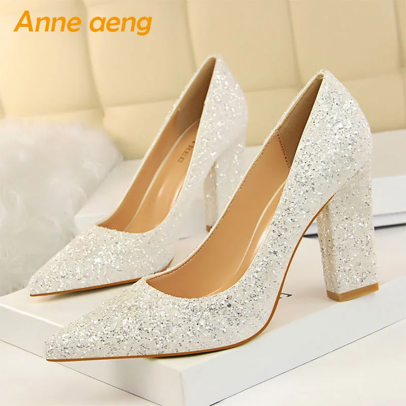 

2019 New Spring/Autummn Women Pumps High Square Heel Pointed Toe Sexy Ladies Bling Bridal Wedding Women Shoes White High Heels