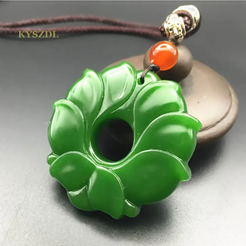 

KYSZDL Natural Hetian stone carved lotus pendant ladies fashion green stone sweater chain pendant jewelry gifts