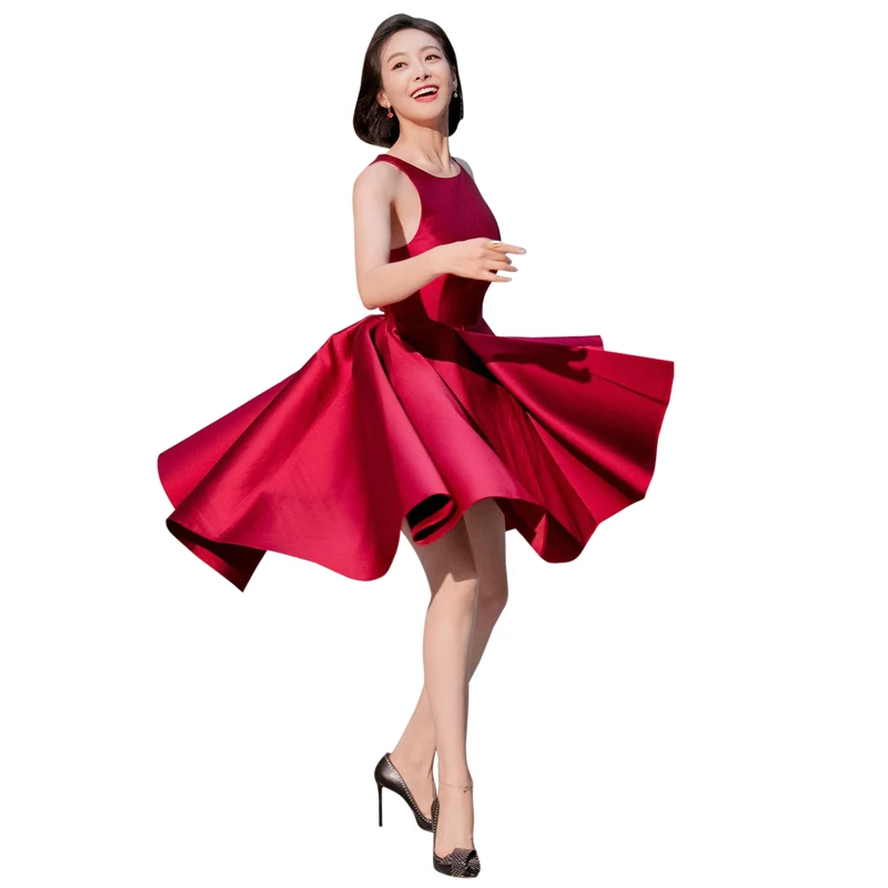 round neck sleeveless knee length high low women red dress summer 2019 woman dresses clothing day night evening party dresses