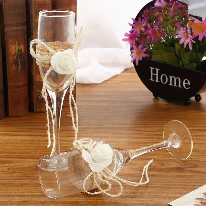 2 PCS / Set jute Wedding Glasses Set Champagne Toasting Glasses For Weddings Toasting Flute Long Wine Glasses Cup