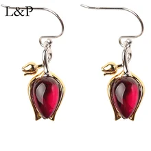 Модный настоящий 925 Серебряный Драгоценный Камень гранатовый кулон ожерелье серьги и кольцо Набор Элегантный тюльпан Свадебные украшения подарок