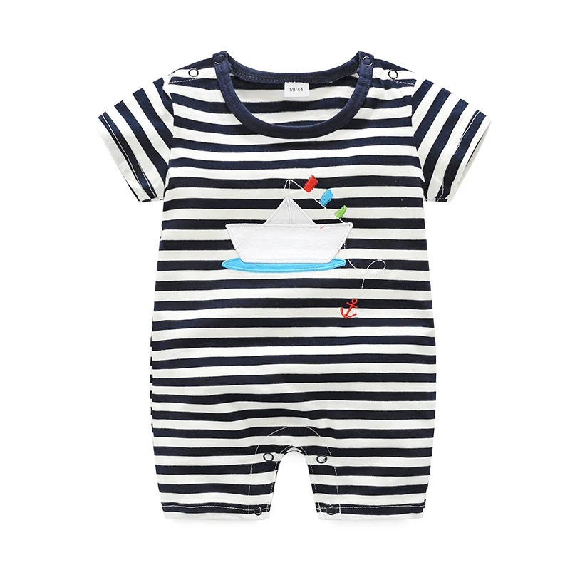 

Newborn Baby Boy's Cute Rompers For Summer, Age For 3-18M, With Boat Pattern Pure Cotton Sapphire Color Striped Climbing Clothes