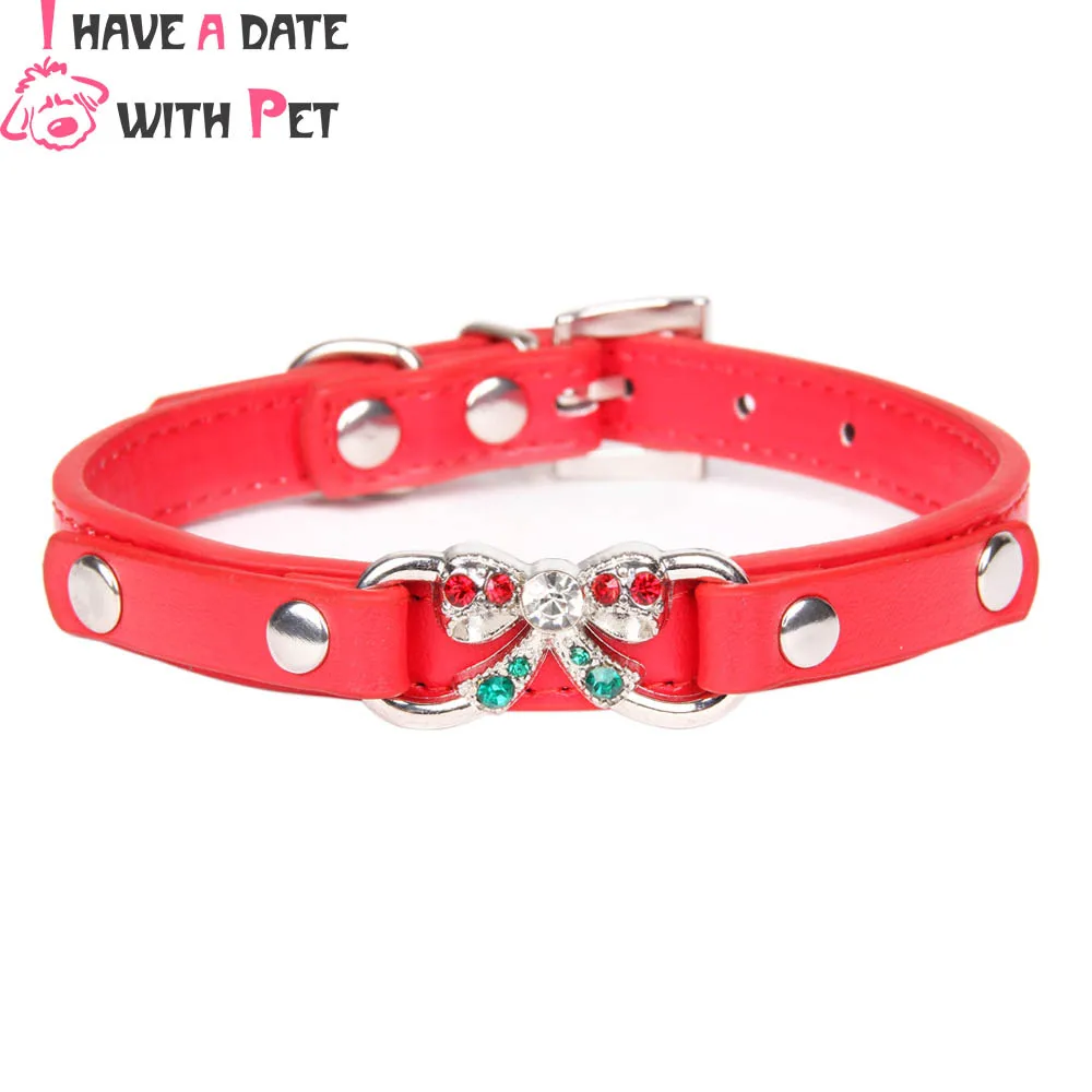 

Customize Bow With Rhinestone Decoration Leather Dog Collar Christmas Puppy Collar Leashes for Small Medium Dog Pet Accessories