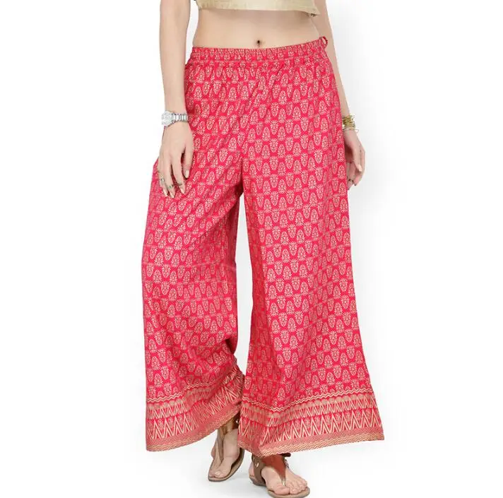 India Traditional Woman Cotton Broad-legged Trousers Ethnic Style Spring Summer Red Printing Bottom Pants