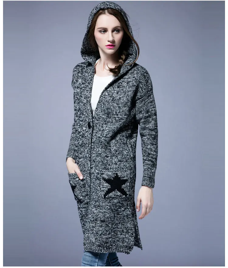 Autumn Winter New Hooded Long Knit Cardigan Jacquard Sweater Women