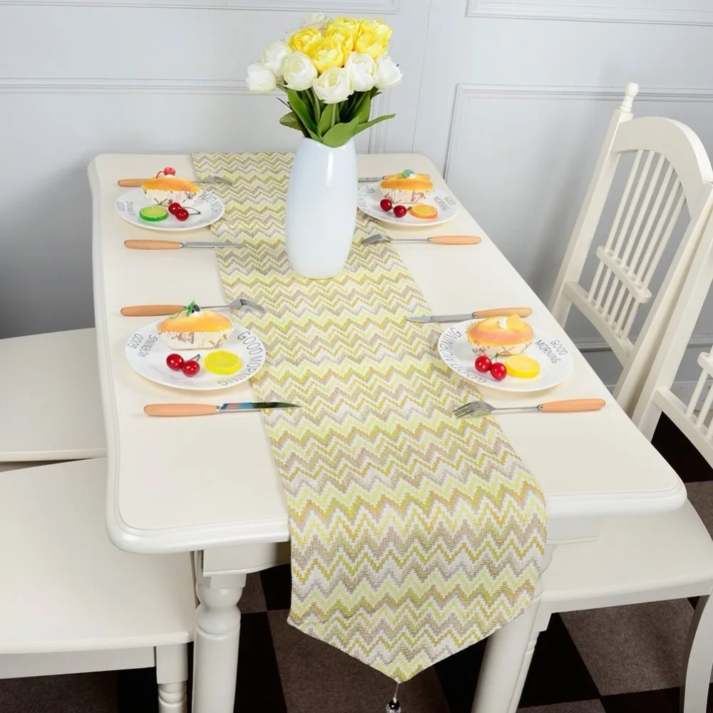 Topfinel Modern Wave Embroidered Table Runners Cloth with Tassels