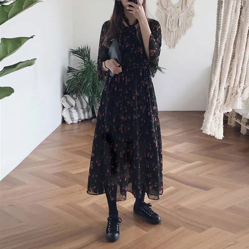 

Fashion Women Flare Sleeve Chiffon Dress Tie V Neck Ruffles Maxi Dress Summer Wrist Lace Up Floral Print Dress