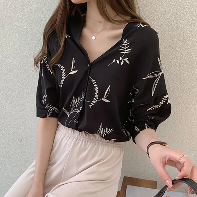 

2019 Women Button Up Blouses Casual Half Sleeve Leaves Print V-Neck Woman Chiffon Blouse Tops Ladies Shirts Blusas