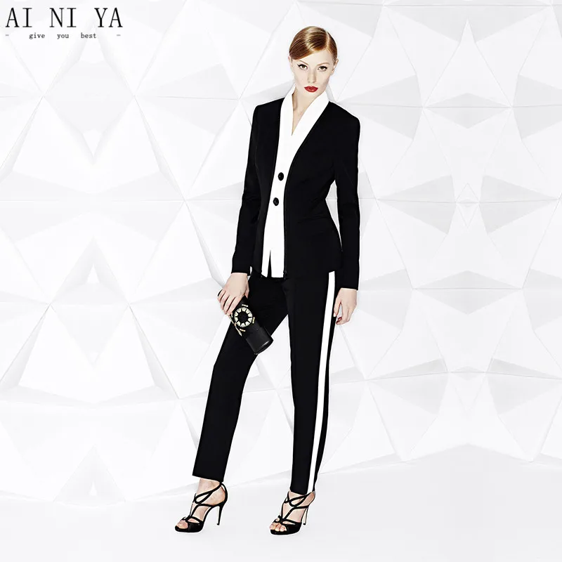 Белый + черный Женская праздничная одежда брюки Костюмы дамы Бизнес работы костюм для офиса тонкий женский офис форма Формальные 2 шт