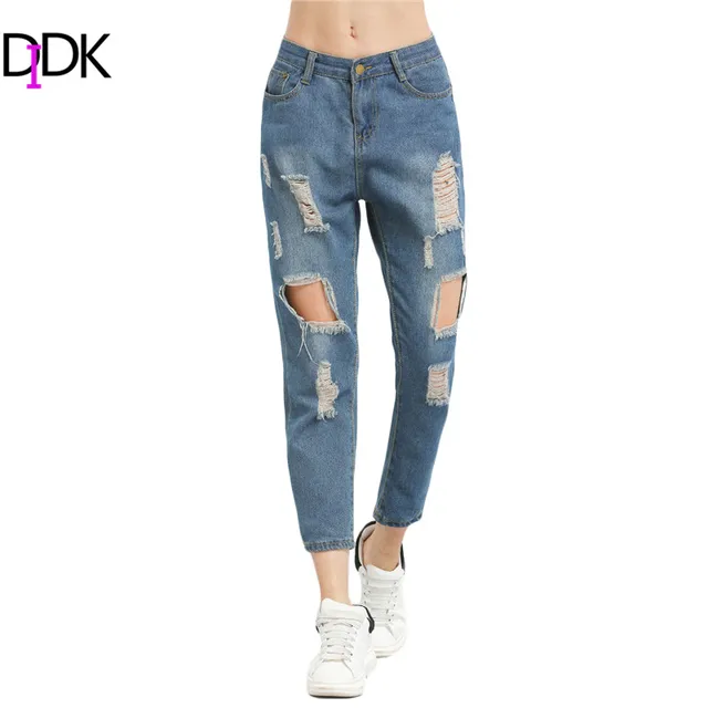 Didk Jeans Destroyed Mujeres Mediados De Cintura De Mosca Boton