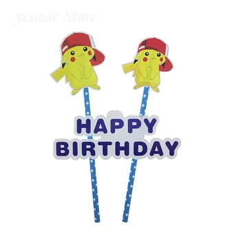 

1pcs pikachu Birthday Cupcake Topper Cartoon Cake Flags With Paper Straw For Wedding Birthday Party Decoration Supplies