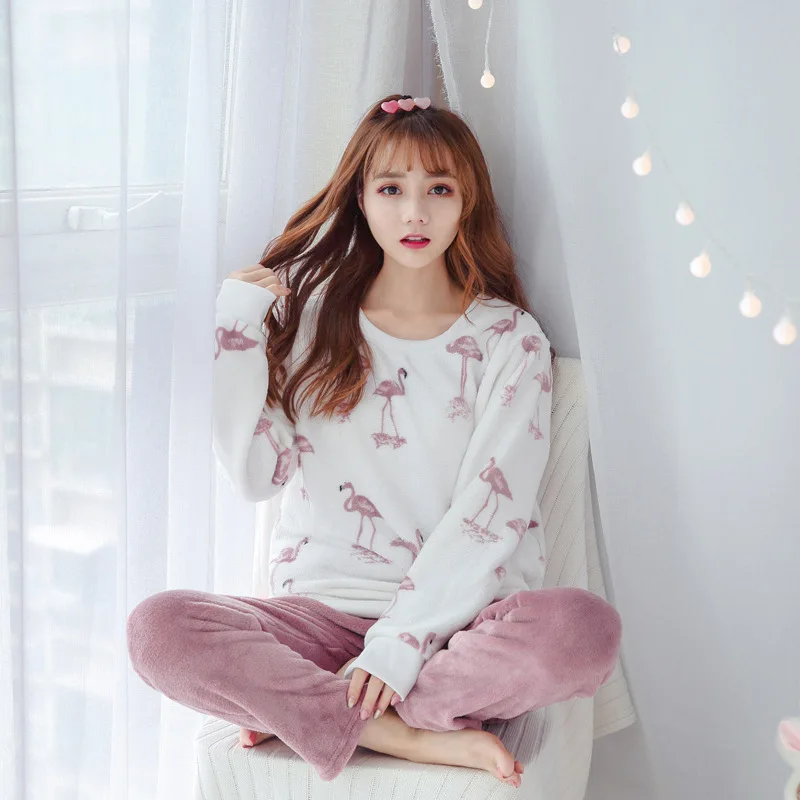 

2018 New winter pajamas fleece women Flamingo set long sleeve long trousers coral fleece warm pyjamas Flannel Clip Cotton home c