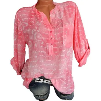 

Women Large size Blouse 2019 spring summer V-neck long-sleeved shirt butterfly print loose casual Women's shirt Ladies tops