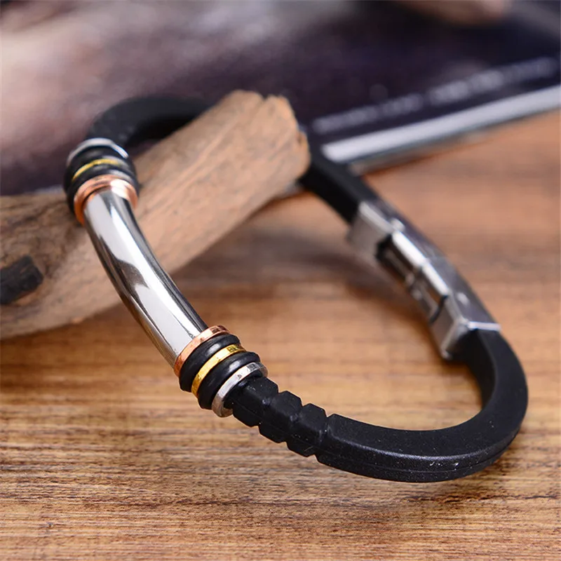 

Stainless Steel Charm Black Silicone Bracelets SportJewelry for Men Women