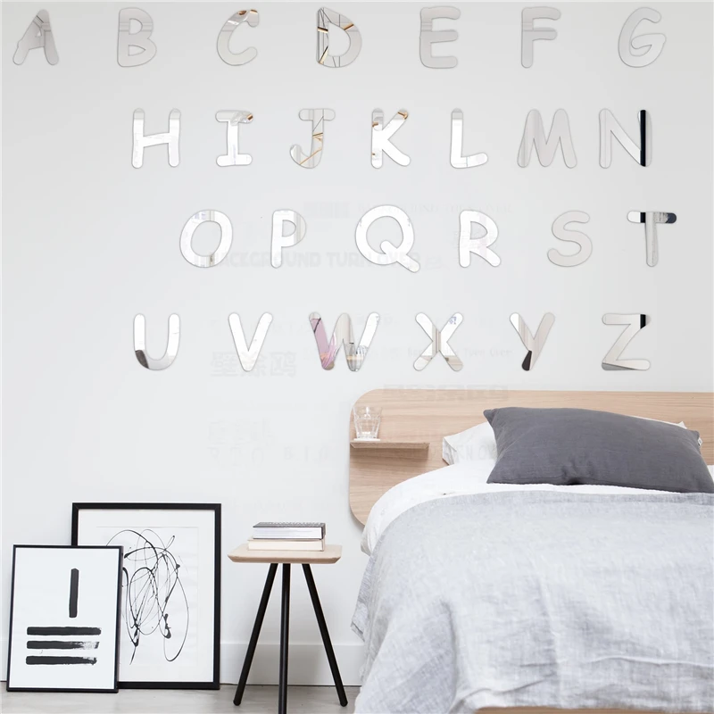 

Cute English Letters 3D Decorative Mirror Wall Stickers For Kids Room Baby Children Room Nursery Store Room Door Sign decor R111