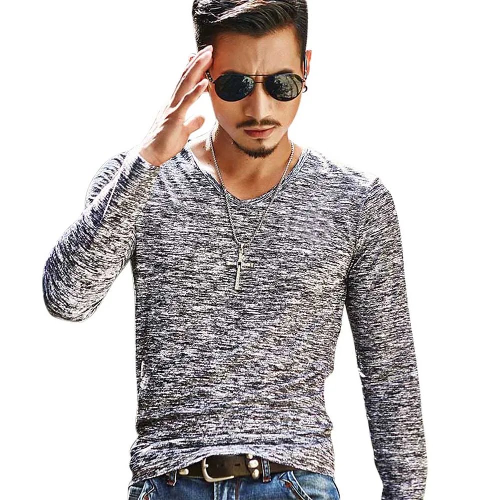 

Newly Men V-Neck Long Sleeve T-Shirt Slim Fit Casual Tee Autumn Basic Tops