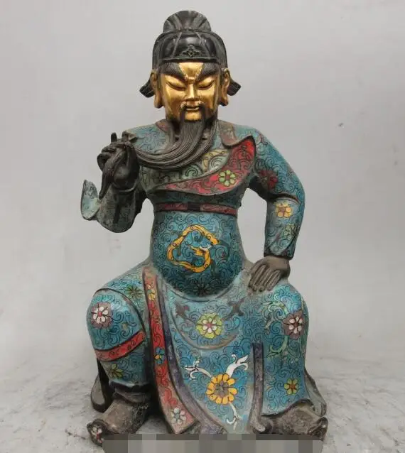 

song voge gem S6268 12"China Bronze Gold Cloisonne longevity be seated Guan gong monarch God Statue