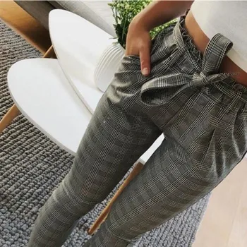 

Women High Waist Plaid Trousers High Waist Harem Pants Women Bowtie Elastic Waist Casual Tight Pants Trousers for women #15