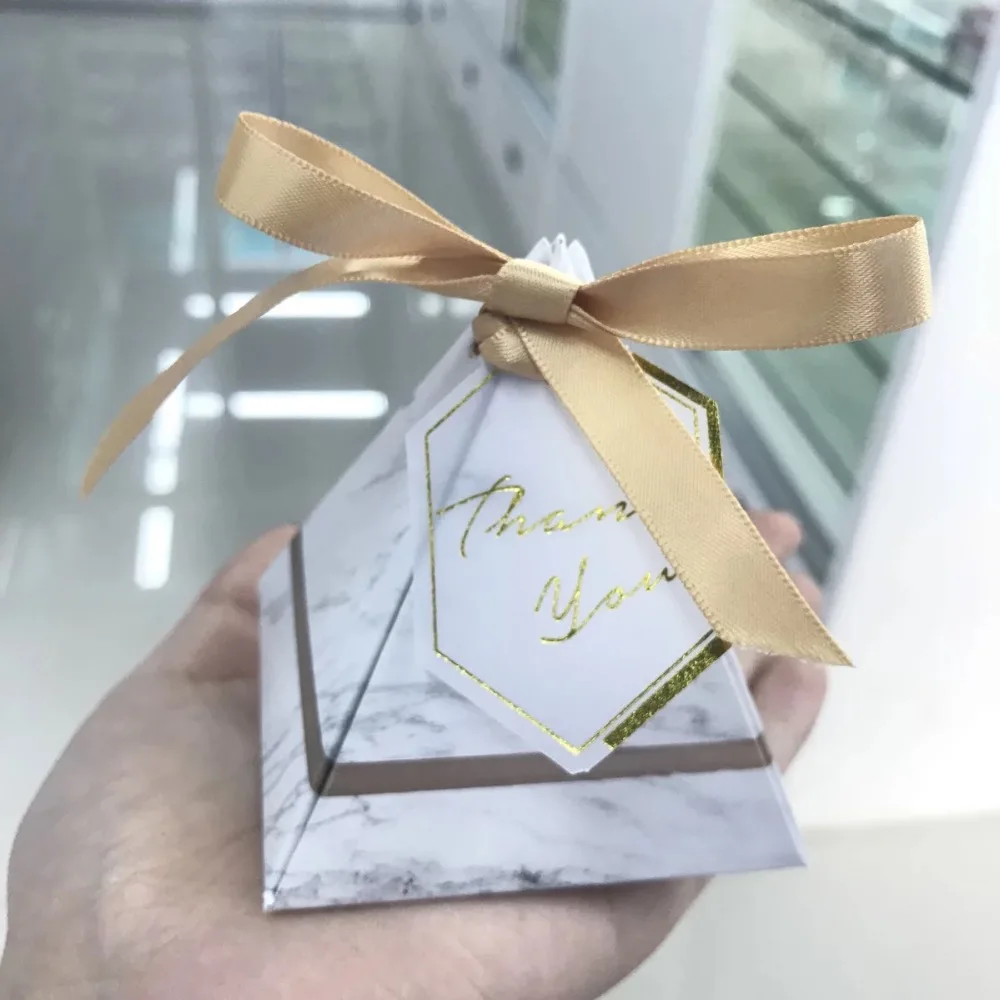 

60pcs New hot Triangular Pyramid pink golden ribbons Marble Candy Boxes + thank you tags Party Wedding Favors giveaway Gift Box