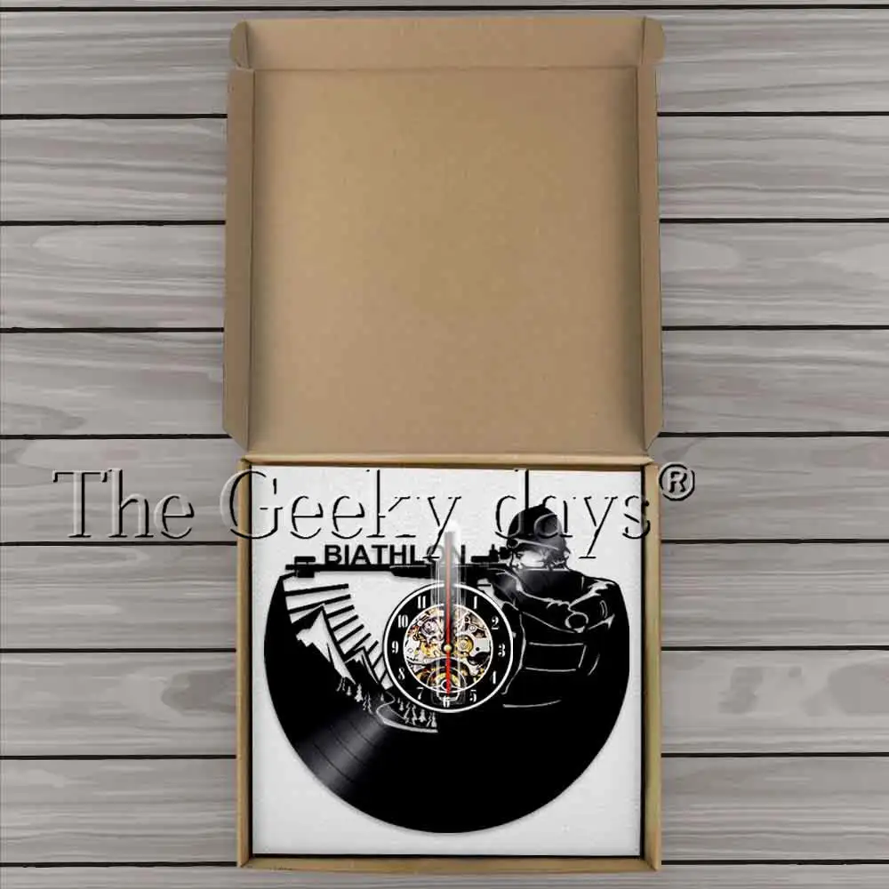 الشتاء بياثلون جدار ديكور فني للمنزل ساعة حائط الرياضة الرماية مسجل فينيل ساعة حائط التزلج بندقية Biathletes ساعة