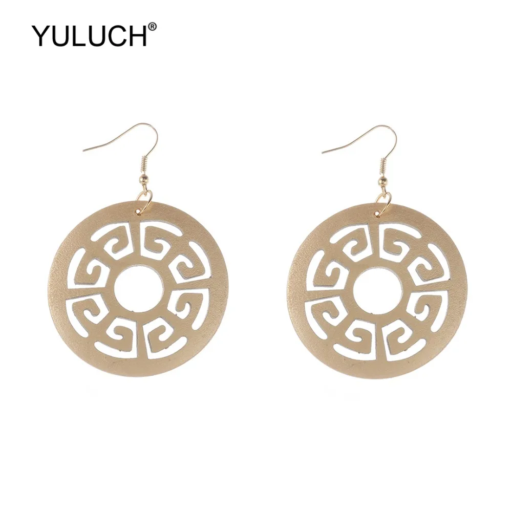 

YULUCH Vintage Gold Round Chinese Style Wooden Hollow Statement Dangle Earrings 2019 Big Fashion Drop Pendant Earrings For Women
