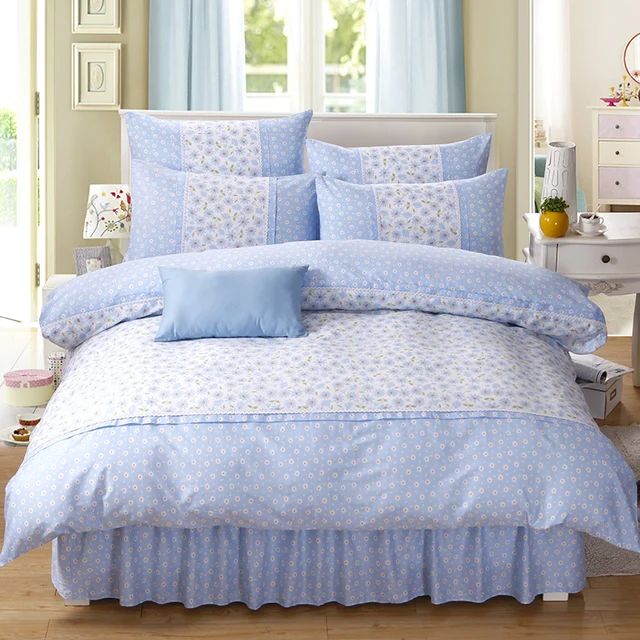 blue daisy floral princess girls bedding set 100 cotton lace ruffle sheet set with bedskirt