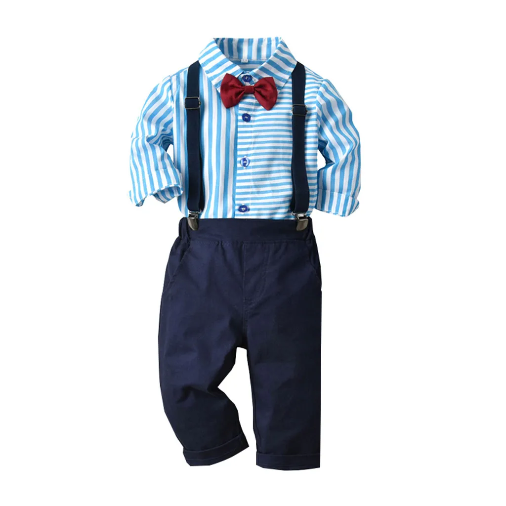 Toddler Kids Baby Boys Outfits Long sleeve Bow Tie stripe Shirt+ Suspender Pants Gentleman Children boy clothes sets