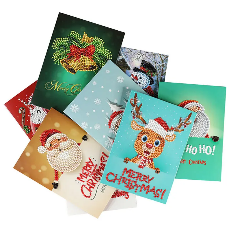 

8pcs Set Diamond Painting Christmas Greeting Cards Diamond Mosaic Cartoon Mini Santa Claus Merry Christmas Paper Cards Gift