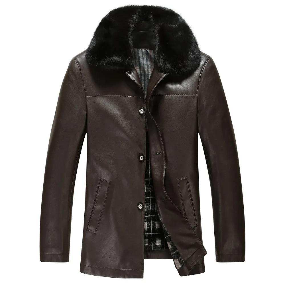 Mu Yuan Yang, зимняя модная мужская кожаная куртка с отворотом, мужская кожаная куртка с искусственным кроличьим мехом и пальто, повседневное плотное пальто