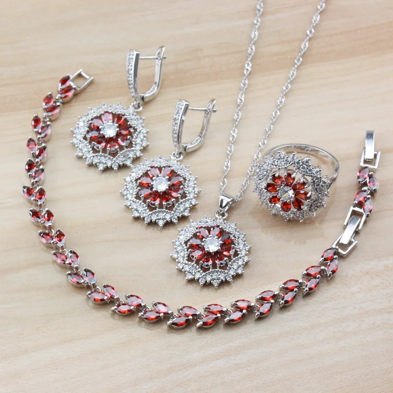 

Wedding Accessories 925 Silver Red Garnet Women Fashion Jewelry Sets Dangle Earrings/Necklace/Bracelet/Ring And Independent Box