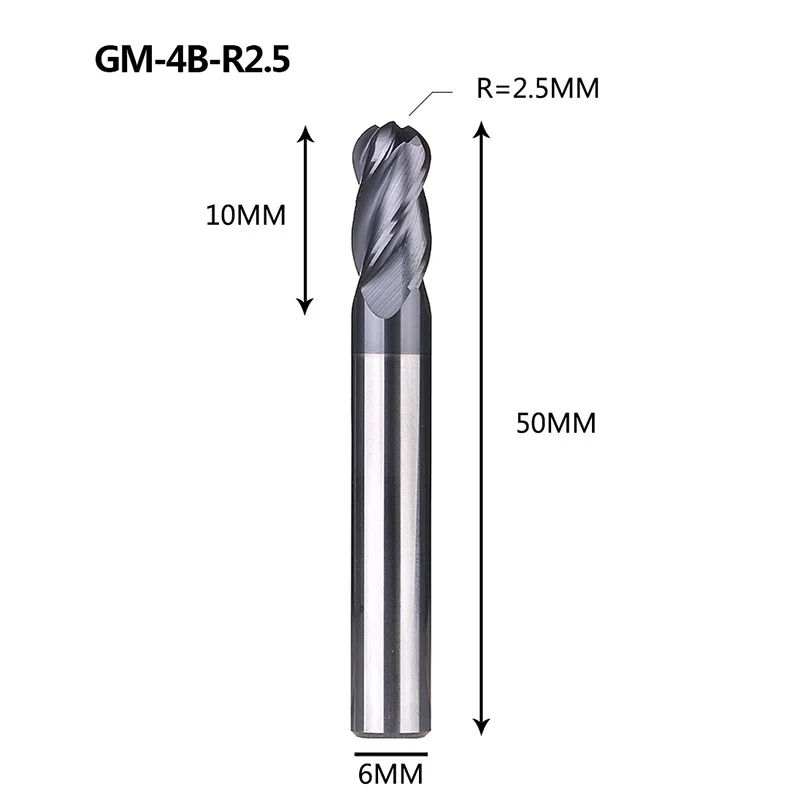 1 шт. GM-4B твердого карбида вольфрама 4 флейты сферическая Концевая фреза с ЧПУ Фрезерный резак режущие инструменты для обработки металла профиль HRC45 - Длина режущей кромки: GM-4B-R2.5