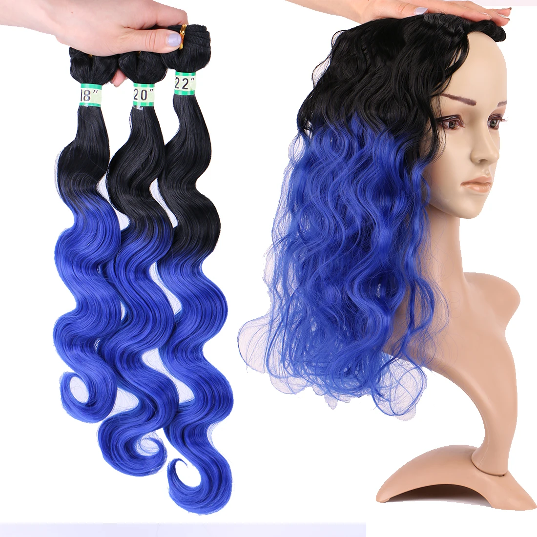 Black to blue Ombre color cosplay weave synthetic Hair Extensions 100gram one piece Body wave bundles