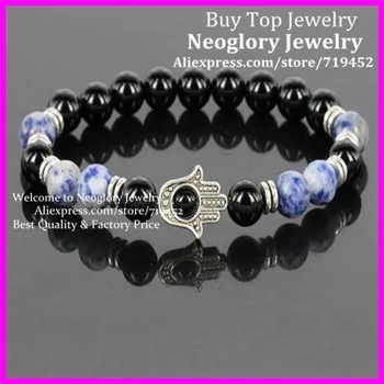 

10PCS High Quality Nature 8mm Black Onyx Stone Beads With Semi Precious lapis lazuli Beads Bracelet Hamsa Fatima Hand Bracelet