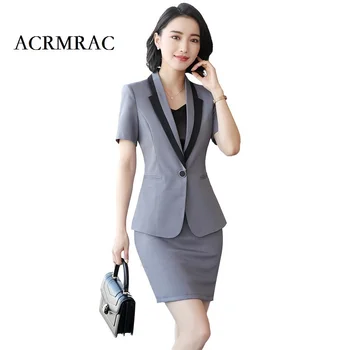 

ACRMRAC Women New style Summer suit Short sleeve suit Solid color Slim jacket SKIRT Business OL Formal Skirt Suits