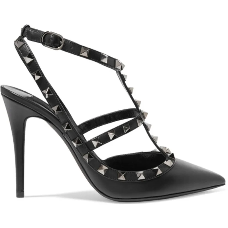 

Genuine Leather Strap Leather Sandals Rivets Pointy Heads 10cm High Heels Bridesmaids Wedding Shoes Women's Fashion Style