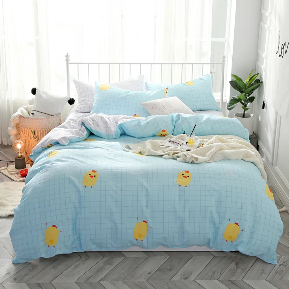 

Papa&Mima Little yellow chicken print bedding set Sanded Cotton Queen King size flat sheet pillowcases duvet cover sets