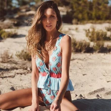 Рюшами Цельный купальник цветочный принт Купальники ретро винтажная пляжная одежда бразильский глубокий боди Купальник облегающий танкини