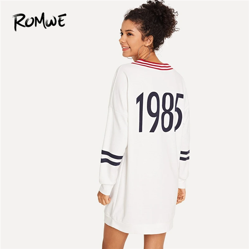 

ROMWE White Striped Letter Print Sweatshirt Dresses Women Autumn Casual Long Sleeve Clothes Fashion V Neck Straight Dress