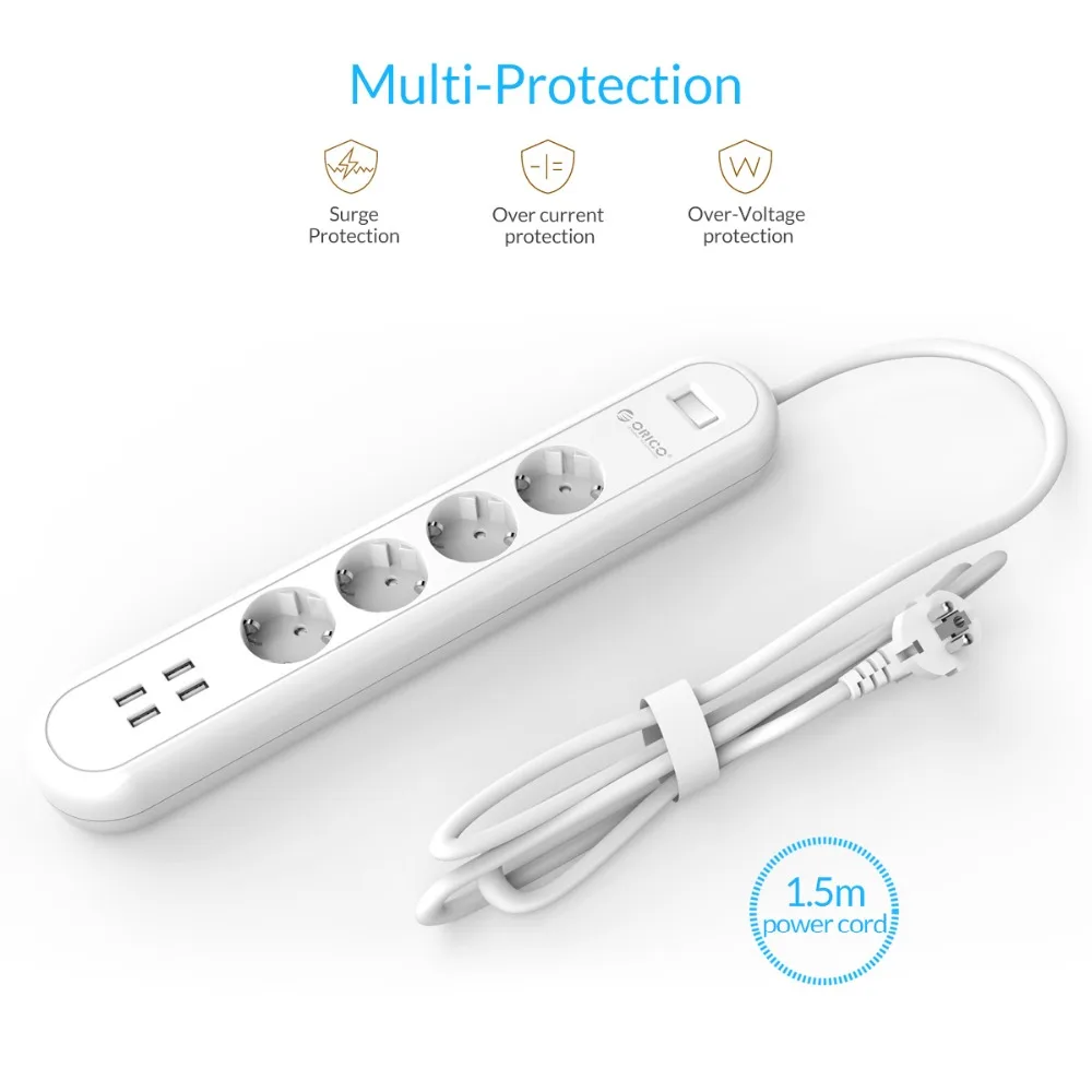 ORICO HPC EU/US/UK Plug 8 Outlet Surge Protector EU Power Stirp with 5 x 5V2.4A USB Super Charger Ports - White&Black ORICO HPC EU/US/UK Plug 8 Outlet Surge Protector EU Power Stirp with 5 x 5V2.4A USB Super Charger Ports - White&Black