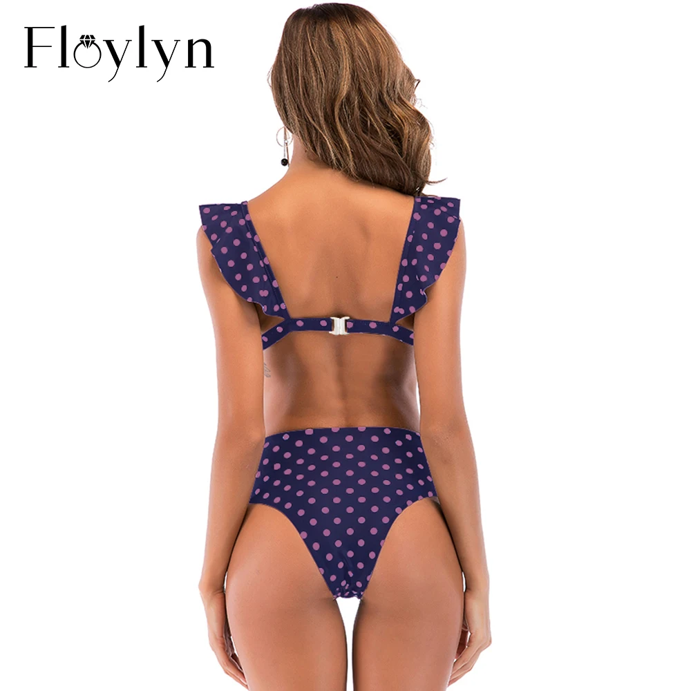Floylyn Лето Высокая талия бикини купальники для женщин пуш-ап купальник сексуальный гофрированный в горошек купальный костюм Женская пляжная одежда