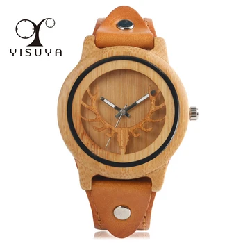 

YISUYA Natural Bamboo Wood Watches With Deer Moose Engrave Dial With Genuine Leather Strap Bracelet Watch For Men Women Gift