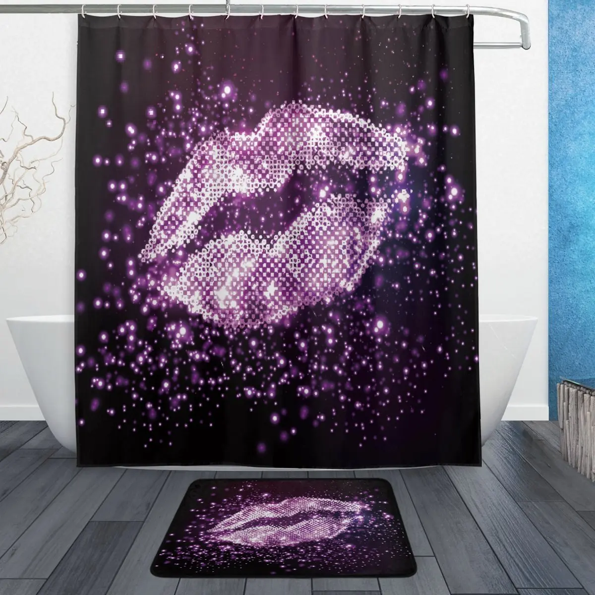 Happy Valentine's Day Shower Curtain and Mat Set Shiny Purple Lip Waterproof Fabric Bathroom | Дом и сад