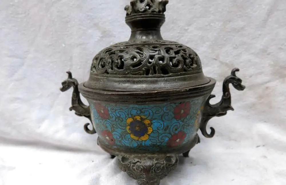 

free shipping 6" China hand-made bronze Cloisonne carved dragon censer incense burner Statue