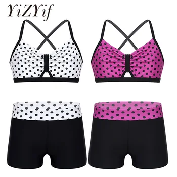

Girls Ballet Dance Wear Athletic Outfit Spaghetti Shoulder Straps Polka Dots Printed Crop Top with Shorts for Ballet Gym Workout